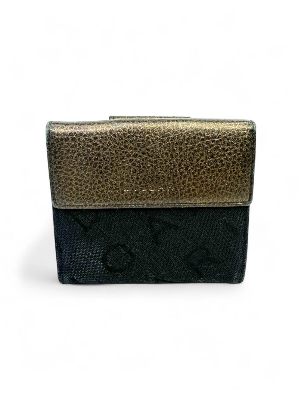 Vintage BVLGARI Logo Mania Jacquard Canvas & Leather Trifold Wallet Bronze Black